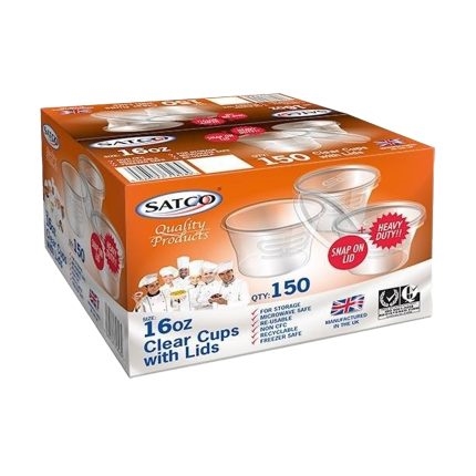 Satco 16oz Plastic Round Clear Cups and Lids  (Pack of 150)